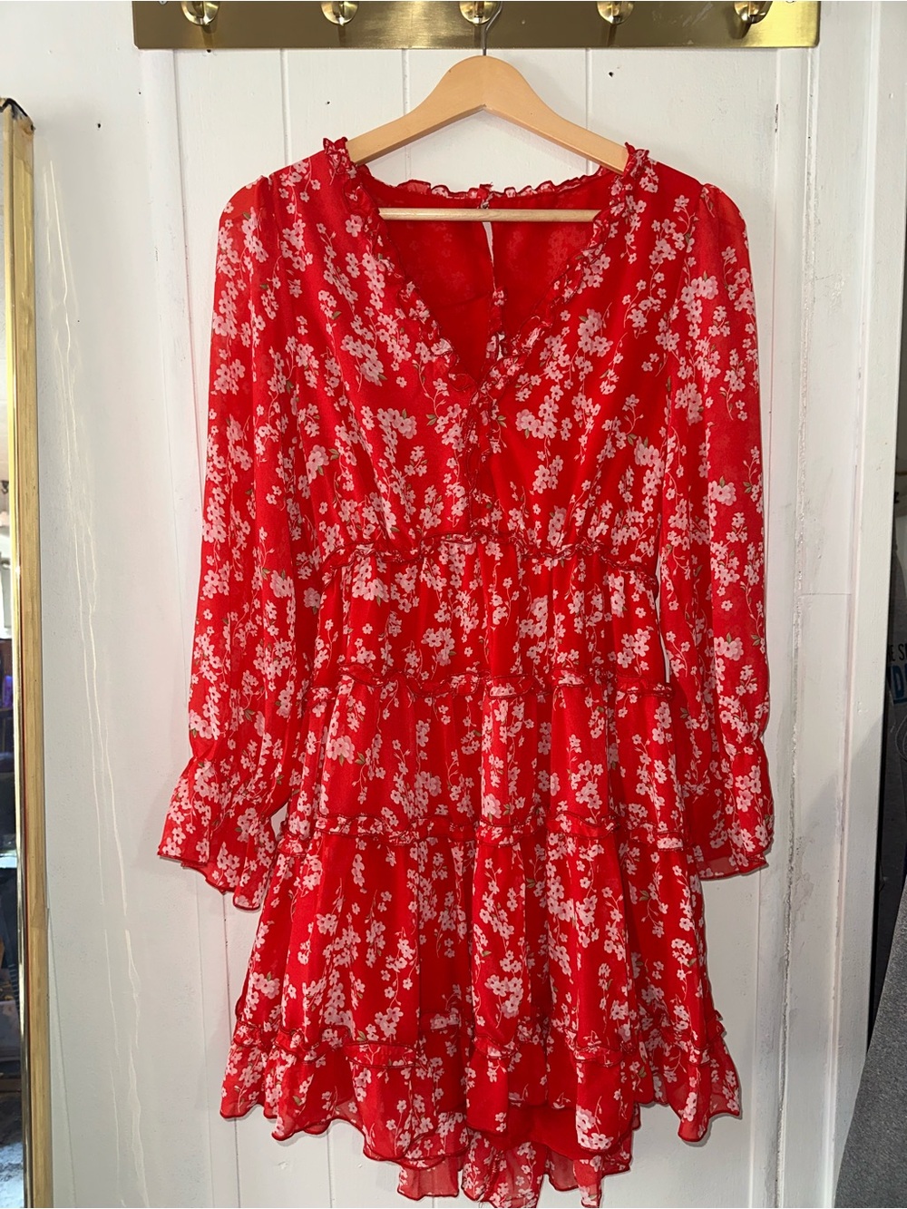 Red Floral Tiered Long Sleeve Dress with open back size medium